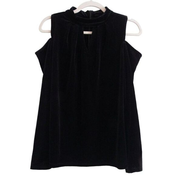 NWT Cupio Black Velvet Cold Shoulder High Neck Top M - Picture 1 of 4